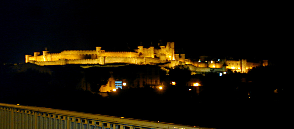 The old City of Carcassonne by night from the bridge over the River Aude