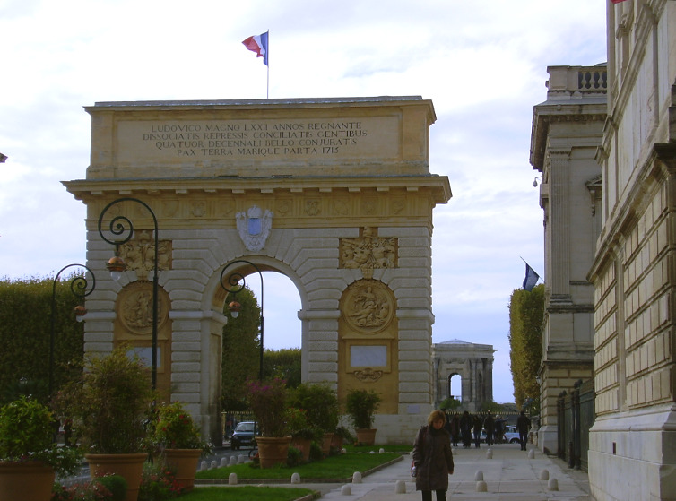 Montpellier's Triumphant Arch (l'Arc de Triomphe) with the Water Tower (Château d'Eau) in the distance